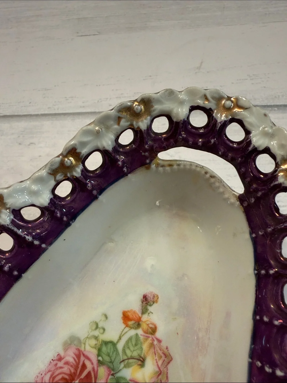 Porcelain Floral Serving Dish in Purple and White with Gold Accents Vintage